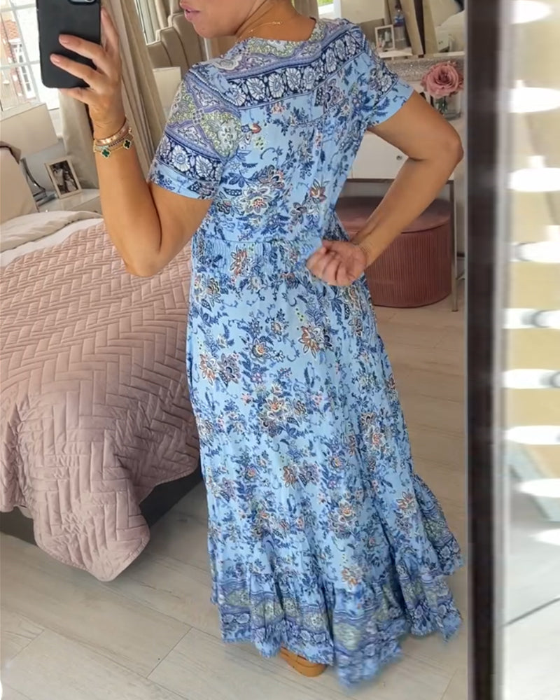 💃🌸 Vestido con Estampado Floral y Cuello en V – Elegancia Fresca y Estilo Perfecto para el Verano ☀️👗