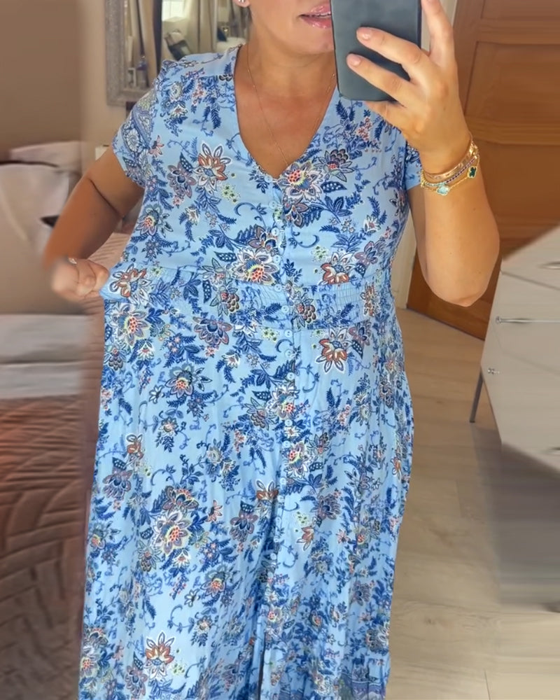 💃🌸 Vestido con Estampado Floral y Cuello en V – Elegancia Fresca y Estilo Perfecto para el Verano ☀️👗