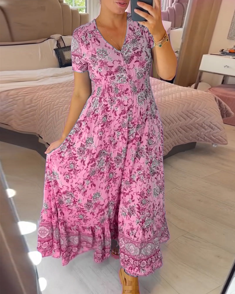 💃🌸 Vestido con Estampado Floral y Cuello en V – Elegancia Fresca y Estilo Perfecto para el Verano ☀️👗