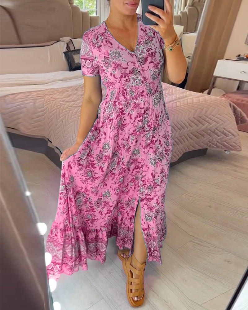💃🌸 Vestido con Estampado Floral y Cuello en V – Elegancia Fresca y Estilo Perfecto para el Verano ☀️👗