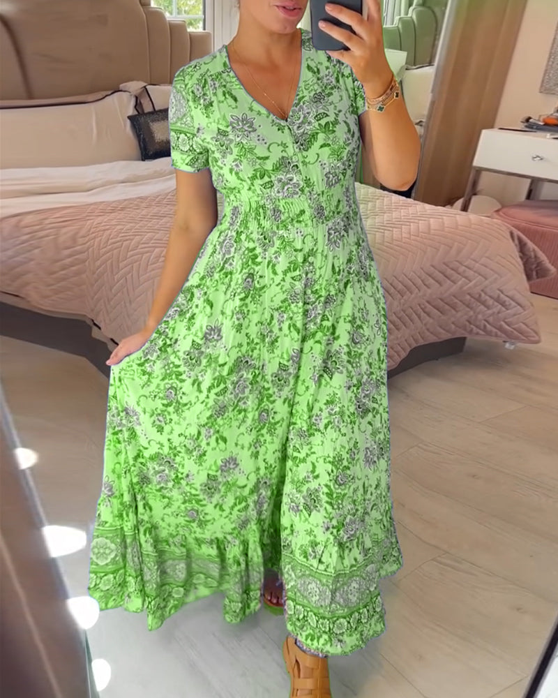 💃🌸 Vestido con Estampado Floral y Cuello en V – Elegancia Fresca y Estilo Perfecto para el Verano ☀️👗