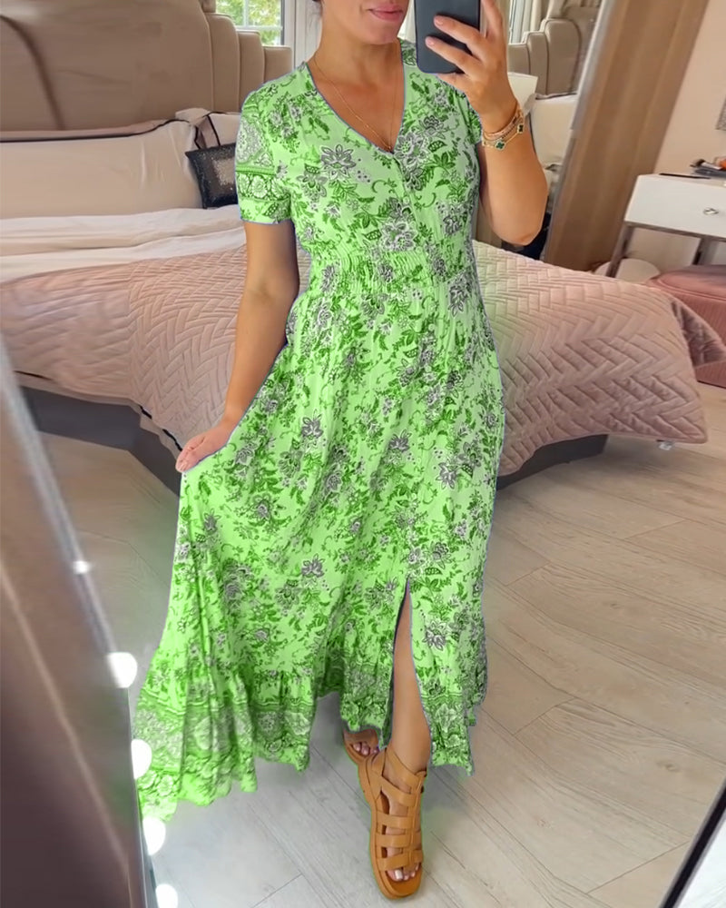 💃🌸 Vestido con Estampado Floral y Cuello en V – Elegancia Fresca y Estilo Perfecto para el Verano ☀️👗