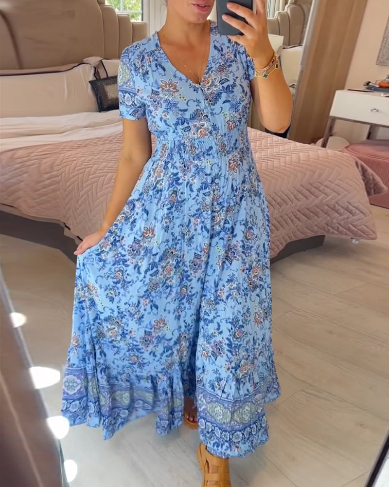 💃🌸 Vestido con Estampado Floral y Cuello en V – Elegancia Fresca y Estilo Perfecto para el Verano ☀️👗