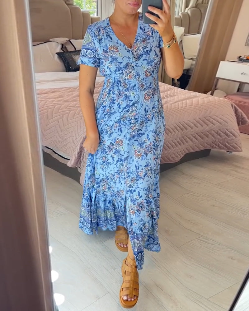 💃🌸 Vestido con Estampado Floral y Cuello en V – Elegancia Fresca y Estilo Perfecto para el Verano ☀️👗