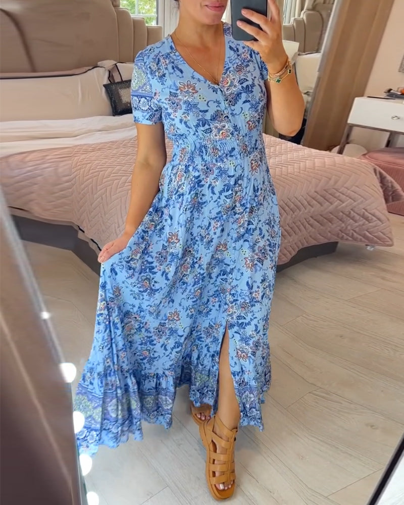 💃🌸 Vestido con Estampado Floral y Cuello en V – Elegancia Fresca y Estilo Perfecto para el Verano ☀️👗