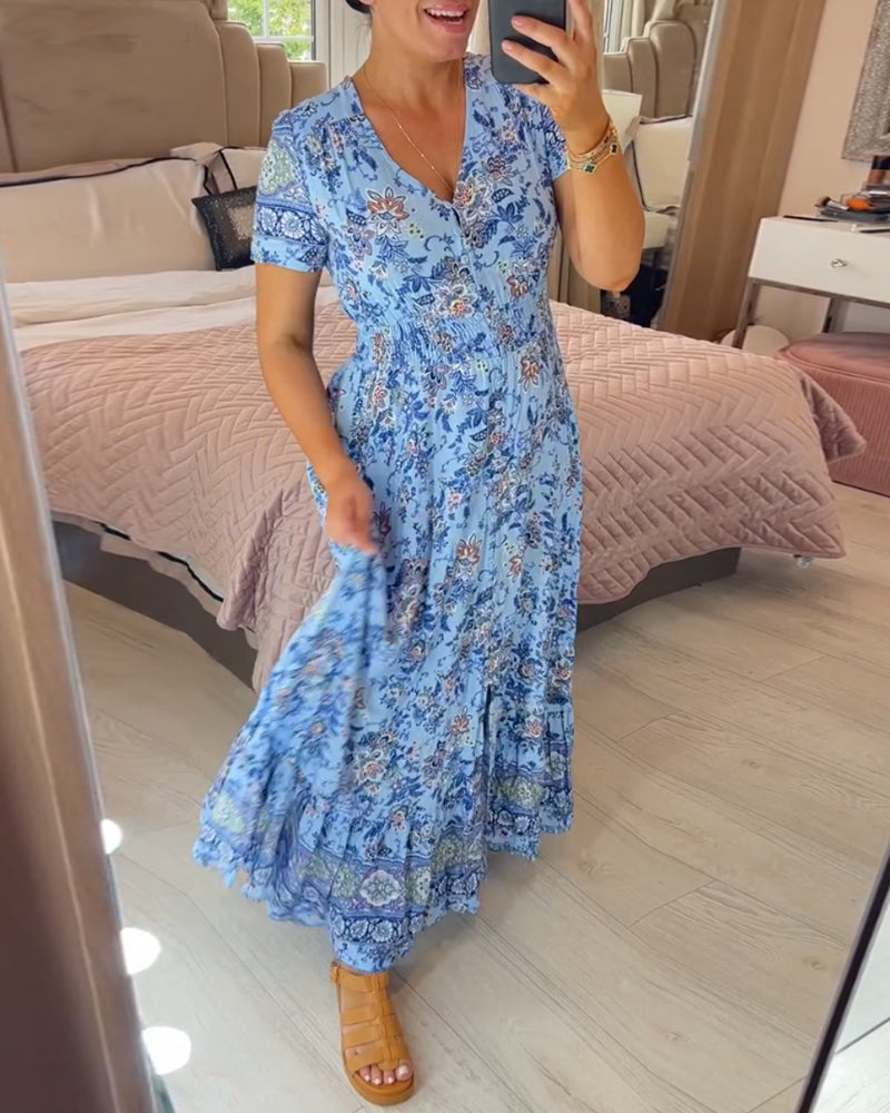 💃🌸 Vestido con Estampado Floral y Cuello en V – Elegancia Fresca y Estilo Perfecto para el Verano ☀️👗