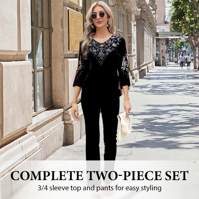 ✨👗 Conjunto de Terciopelo con Estrás para Mujer – Manga 3/4, Elegante y Versátil para Todo Momento 💎