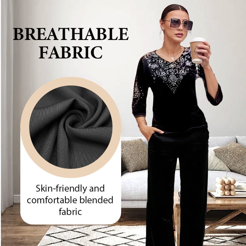 ✨👗 Conjunto de Terciopelo con Estrás para Mujer – Manga 3/4, Elegante y Versátil para Todo Momento 💎