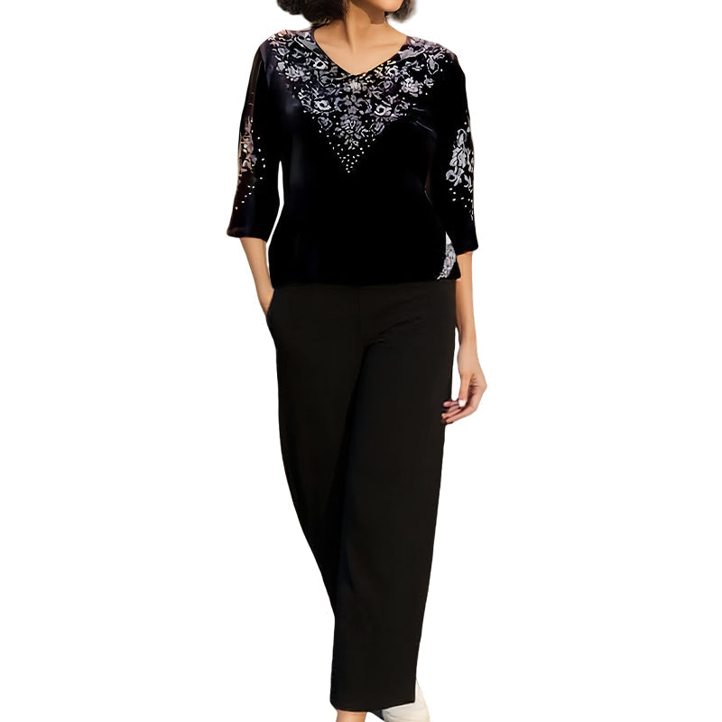 ✨👗 Conjunto de Terciopelo con Estrás para Mujer – Manga 3/4, Elegante y Versátil para Todo Momento 💎