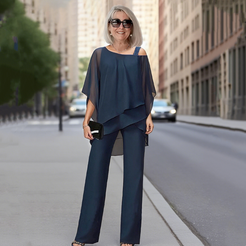 👗 Conjunto de 2 Piezas para Mujer – Top de Gasa Irregular y Pantalones Anchos, Estilo Cómodo y Moderno ✨💖