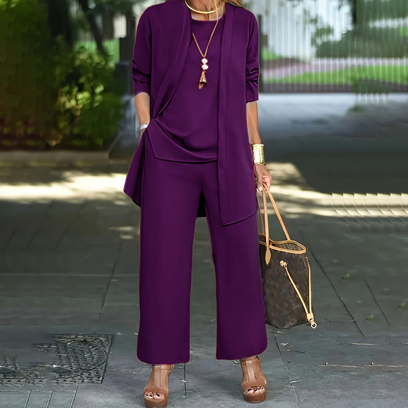 ⏰🔥 ¡50% DE DESCUENTO POR TIEMPO LIMITADO! 💃 Elegante conjunto de 3 piezas para mujer de corte relajado: pantalón minimalista de pierna ancha, cárdigan y top en tejido elástico de lujo 🌟👚