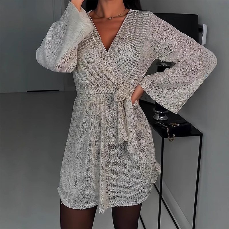 🔥Oferta por tiempo limitado: Vestido largo de manga larga con escote en V y lazo en la cintura para mujer
