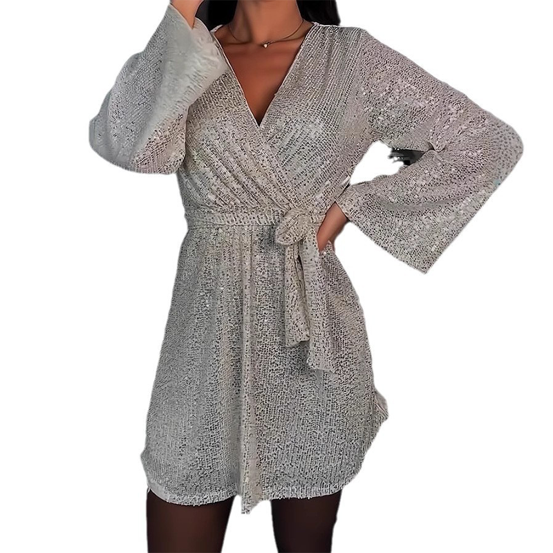 🔥Oferta por tiempo limitado: Vestido largo de manga larga con escote en V y lazo en la cintura para mujer