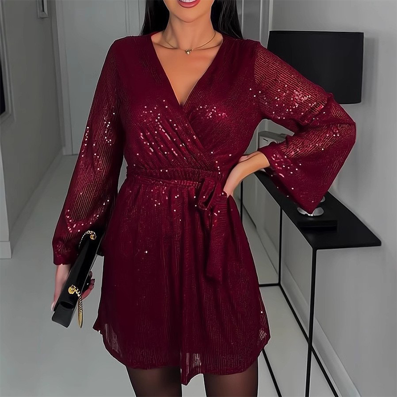 🔥Oferta por tiempo limitado: Vestido largo de manga larga con escote en V y lazo en la cintura para mujer