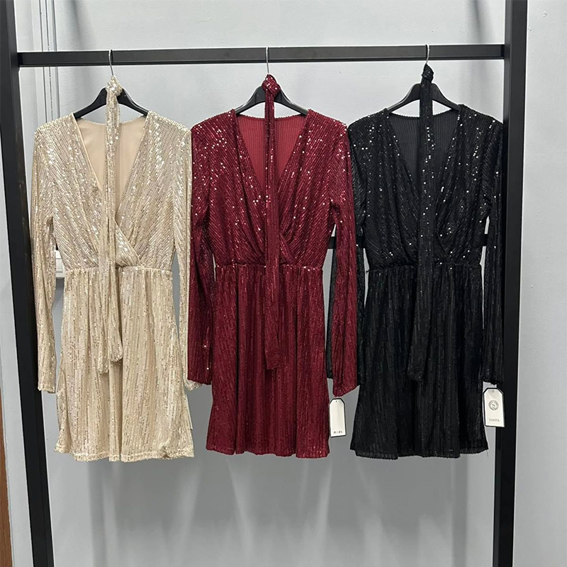 🔥Oferta por tiempo limitado: Vestido largo de manga larga con escote en V y lazo en la cintura para mujer