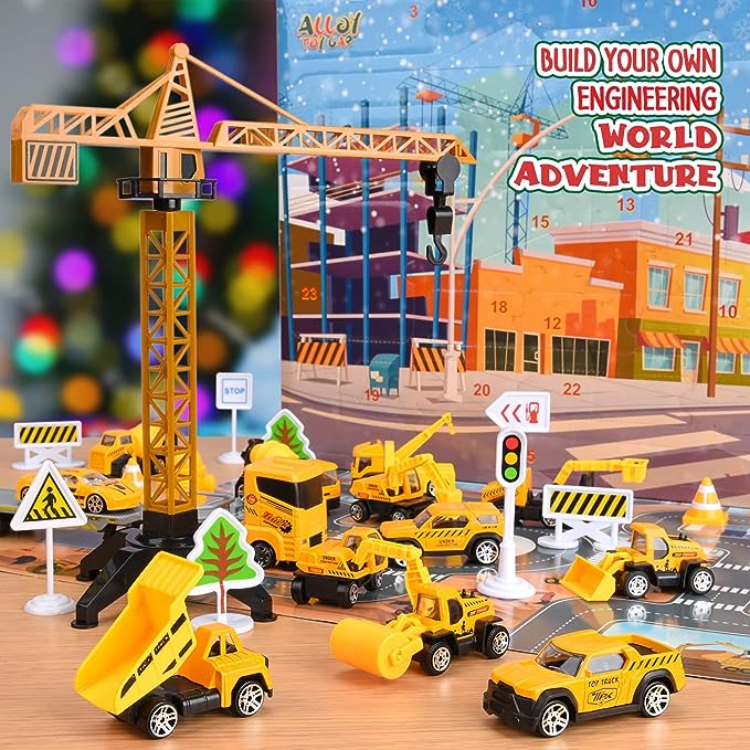 🚗Calendario de Adviento para Niños para Niños: Conjuntos de Juguetes de Vehículos de Ingeniería de Construcción de Aleación
