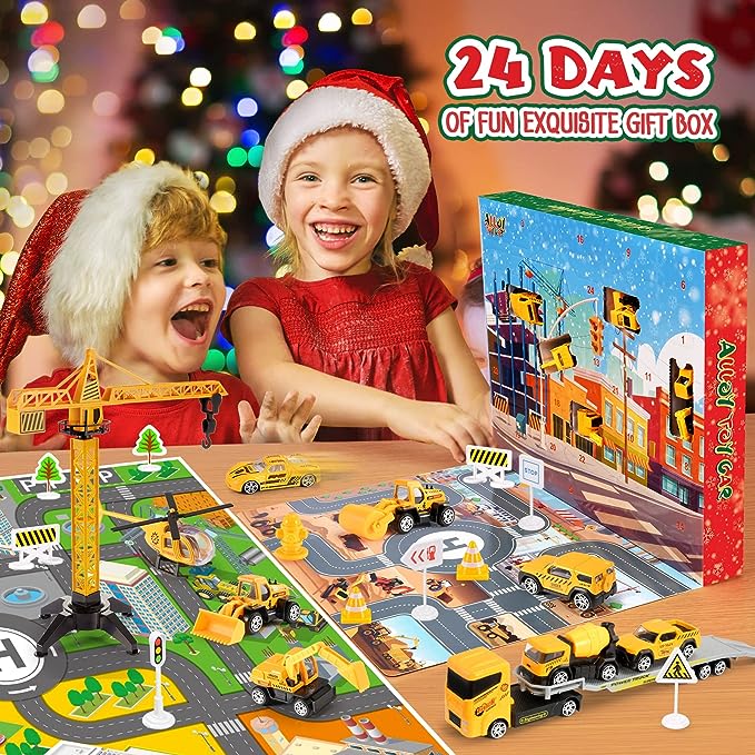 🚗Calendario de Adviento para Niños para Niños: Conjuntos de Juguetes de Vehículos de Ingeniería de Construcción de Aleación