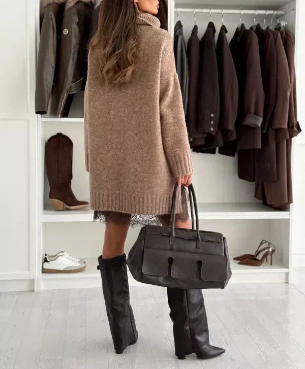 ❄️🔥 Vestido Suéter de Cuello Alto Manga Larga – Tejido Cable, Corte Oversize y Estilo Minimalista ✨