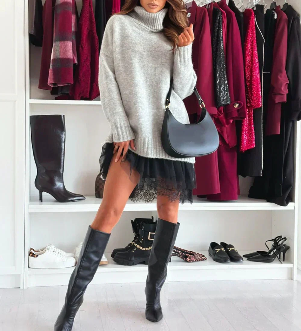❄️🔥 Vestido Suéter de Cuello Alto Manga Larga – Tejido Cable, Corte Oversize y Estilo Minimalista ✨