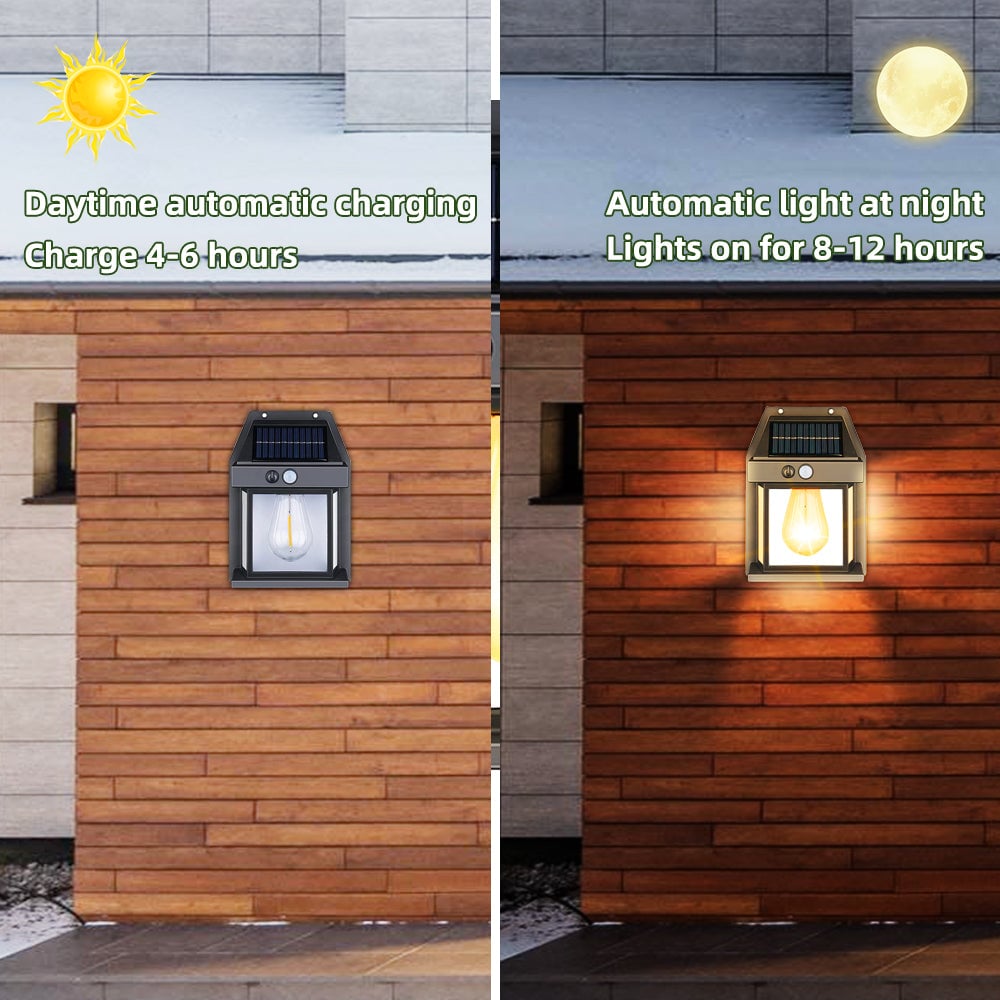 🌞💡 Lámpara de Pared Solar con Sensor de Movimiento y Luz de Tungsteno – Iluminación Inteligente, Segura y Elegante para Exterior 🏡✨