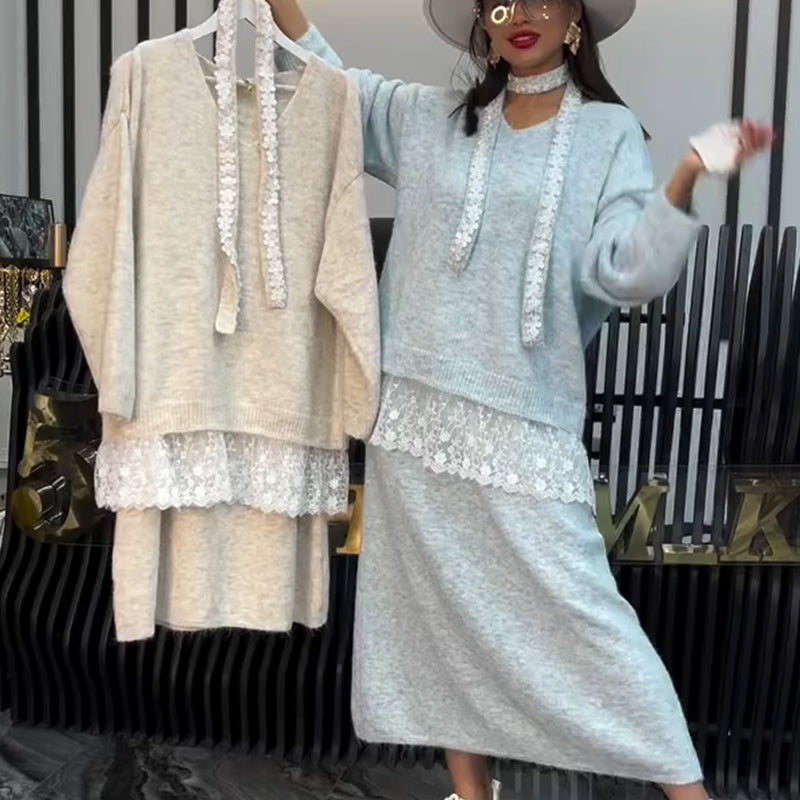 💃🧶 Conjunto de Mujer: Suéter Tejido + Falda – Look Chic de 2 Piezas ✨
