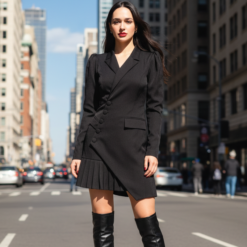 ✨👗 Vestido Mini Tipo Blazer con Botones y Plisado – Elegancia Moderna y Estilo Ejecutivo para Destacar en Cualquier Ocasión 💼🌟