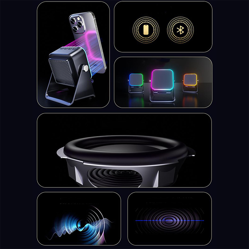 🔊🔥 Altavoz Bluetooth 5 en 1 con Carga Inalámbrica y Soporte Ajustable – Sonido Potente y Todo en Uno⚡📱🎶