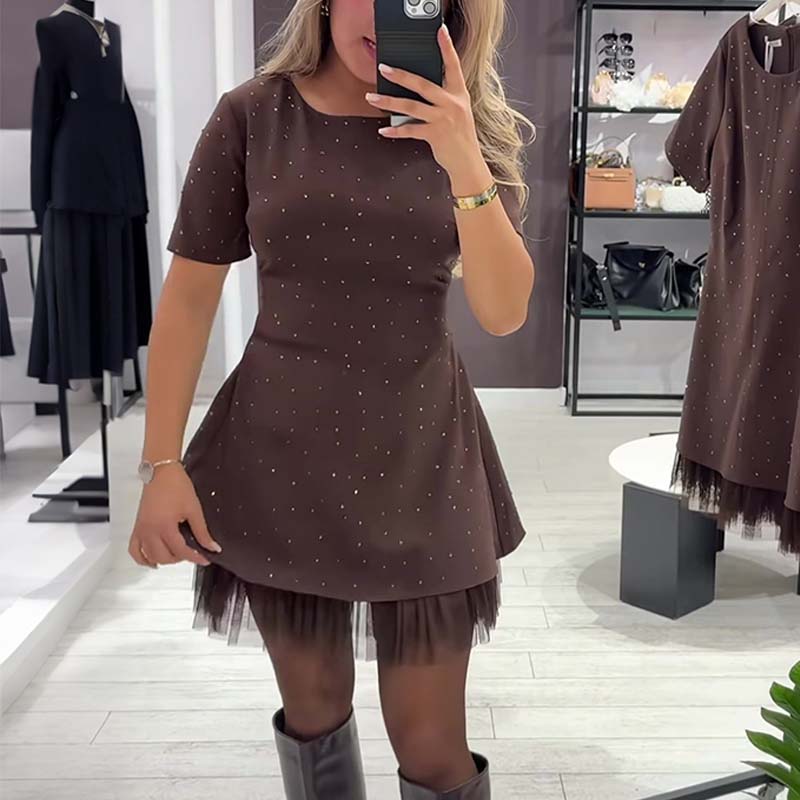 👗✨ Vestido Mini de Manga Corta con Ribete de Encaje Brillante para Mujer 🌟 Elegante y Brillante, ¡Destaca en Cualquier Ocasión! 💖