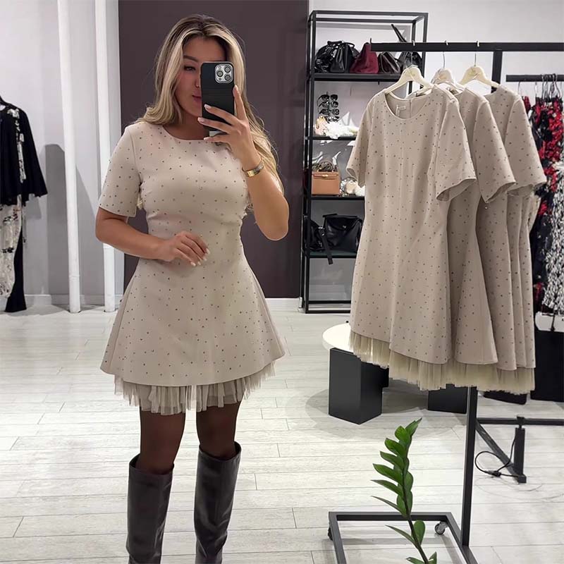 👗✨ Vestido Mini de Manga Corta con Ribete de Encaje Brillante para Mujer 🌟 Elegante y Brillante, ¡Destaca en Cualquier Ocasión! 💖