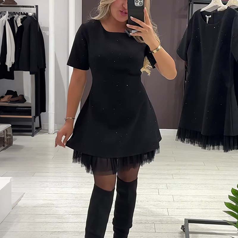 👗✨ Vestido Mini de Manga Corta con Ribete de Encaje Brillante para Mujer 🌟 Elegante y Brillante, ¡Destaca en Cualquier Ocasión! 💖