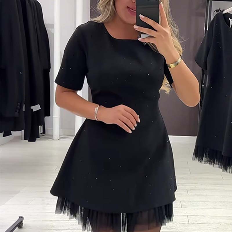 👗✨ Vestido Mini de Manga Corta con Ribete de Encaje Brillante para Mujer 🌟 Elegante y Brillante, ¡Destaca en Cualquier Ocasión! 💖