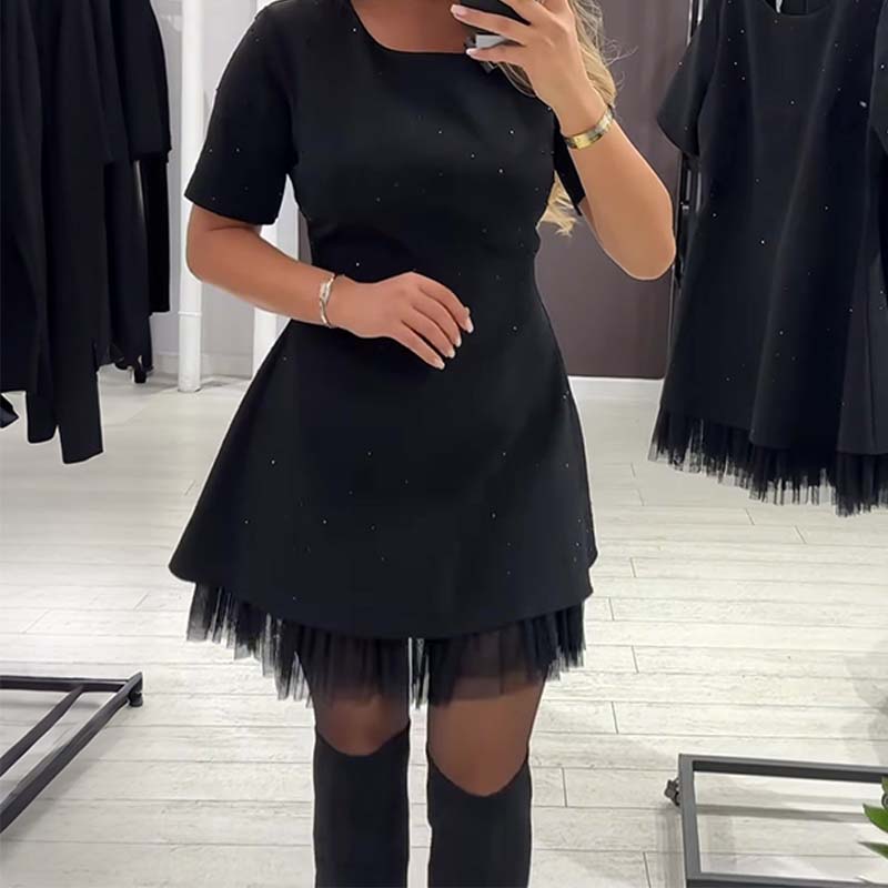 👗✨ Vestido Mini de Manga Corta con Ribete de Encaje Brillante para Mujer 🌟 Elegante y Brillante, ¡Destaca en Cualquier Ocasión! 💖