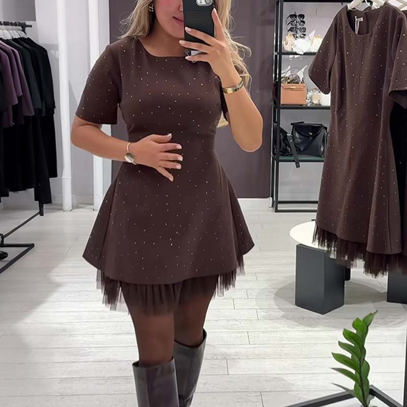👗✨ Vestido Mini de Manga Corta con Ribete de Encaje Brillante para Mujer 🌟 Elegante y Brillante, ¡Destaca en Cualquier Ocasión! 💖