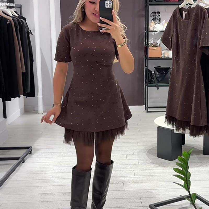 👗✨ Vestido Mini de Manga Corta con Ribete de Encaje Brillante para Mujer 🌟 Elegante y Brillante, ¡Destaca en Cualquier Ocasión! 💖
