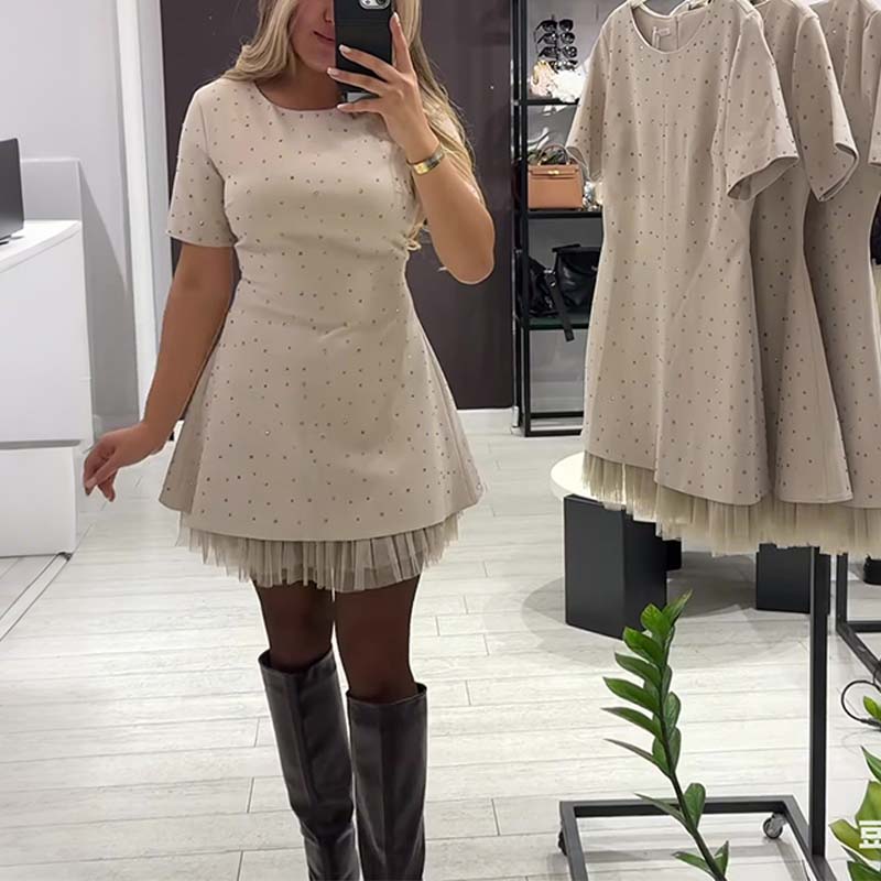 👗✨ Vestido Mini de Manga Corta con Ribete de Encaje Brillante para Mujer 🌟 Elegante y Brillante, ¡Destaca en Cualquier Ocasión! 💖