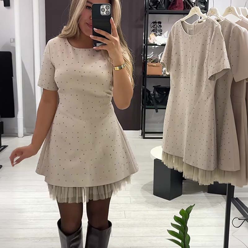 👗✨ Vestido Mini de Manga Corta con Ribete de Encaje Brillante para Mujer 🌟 Elegante y Brillante, ¡Destaca en Cualquier Ocasión! 💖
