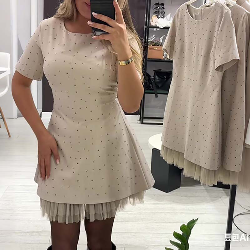 👗✨ Vestido Mini de Manga Corta con Ribete de Encaje Brillante para Mujer 🌟 Elegante y Brillante, ¡Destaca en Cualquier Ocasión! 💖
