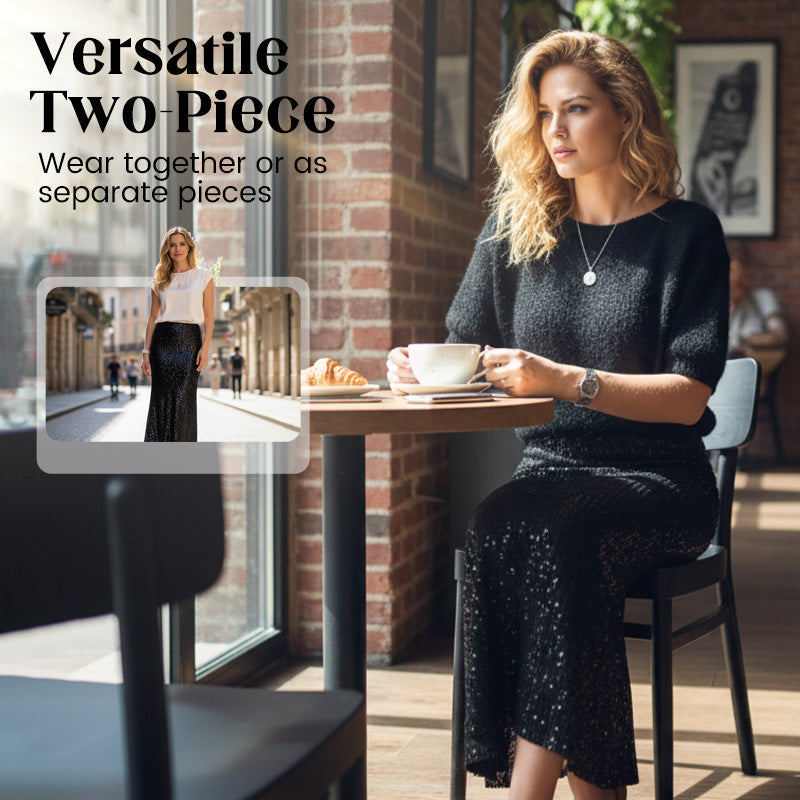 ✨💃 Conjunto de 2 Piezas para Mujer – Camiseta de Punto + Falda de Lentejuelas | Elegante y Cómodo 🔥