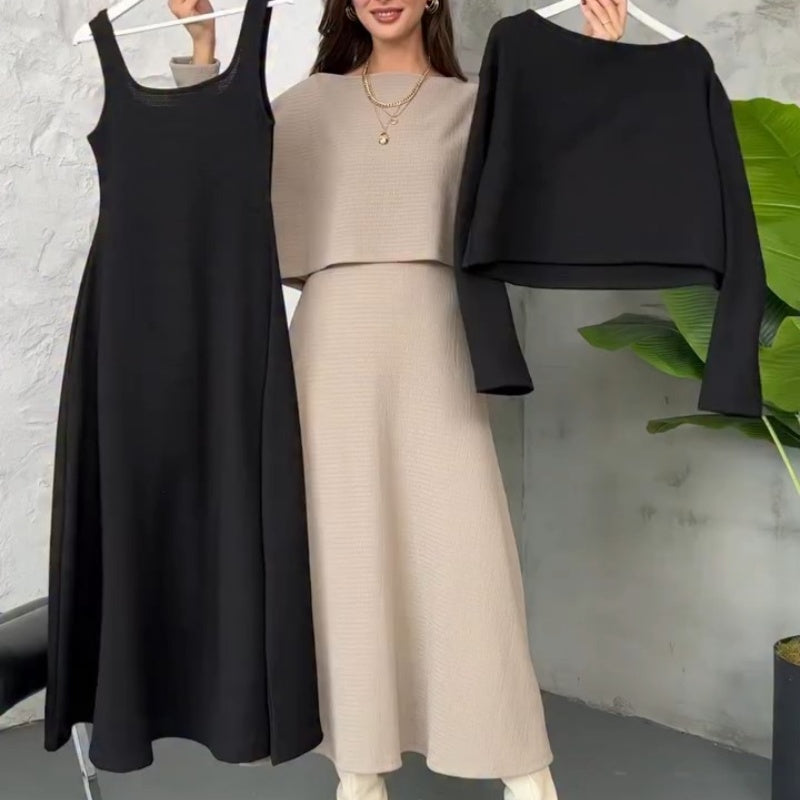 ✨ Conjunto de Punto de 2 Piezas para Mujer   Vestido Midi sin Mangas + Top Corto · Elegante y Moderno 👗