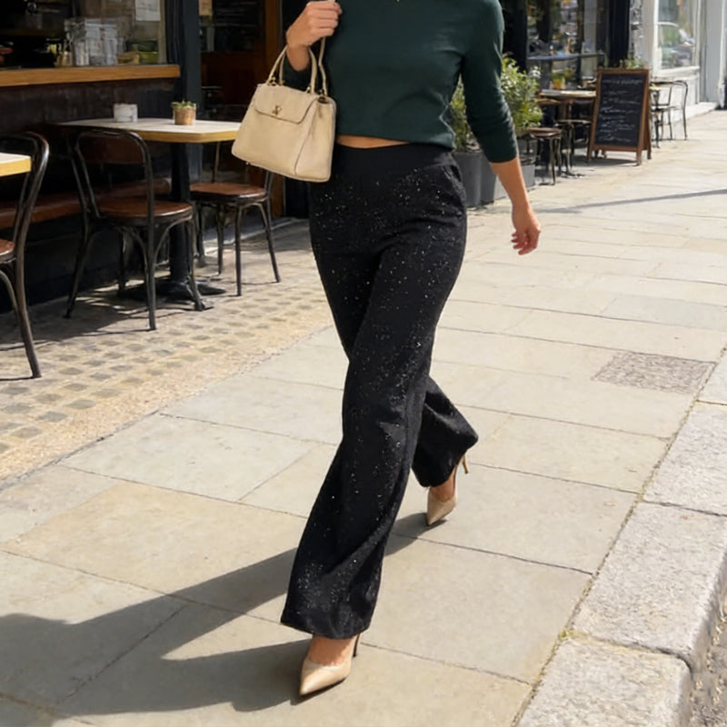 ✨🔥 ¡50% OFF por Tiempo Limitado! Pantalones de Tiro Alto con Pierna Recta y Brillo – Elegantes y Cómodos 👖✨