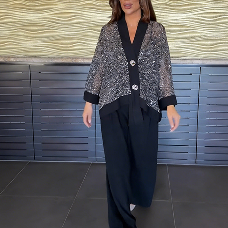 🚚✨ Envío Gratis——Conjunto para mujer de 2 piezas 💃 Cárdigan con cuello en V y lentejuelas ✨ + pantalón ancho 👖