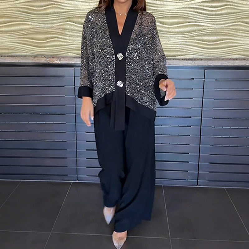🚚✨ Envío Gratis——Conjunto para mujer de 2 piezas 💃 Cárdigan con cuello en V y lentejuelas ✨ + pantalón ancho 👖