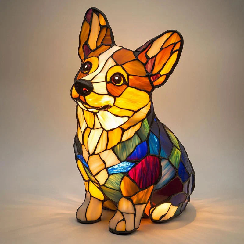 🐶 Lámpara LED de Mesa con Estatua de Cachorro – Diseño Color Block Decorativo ✨