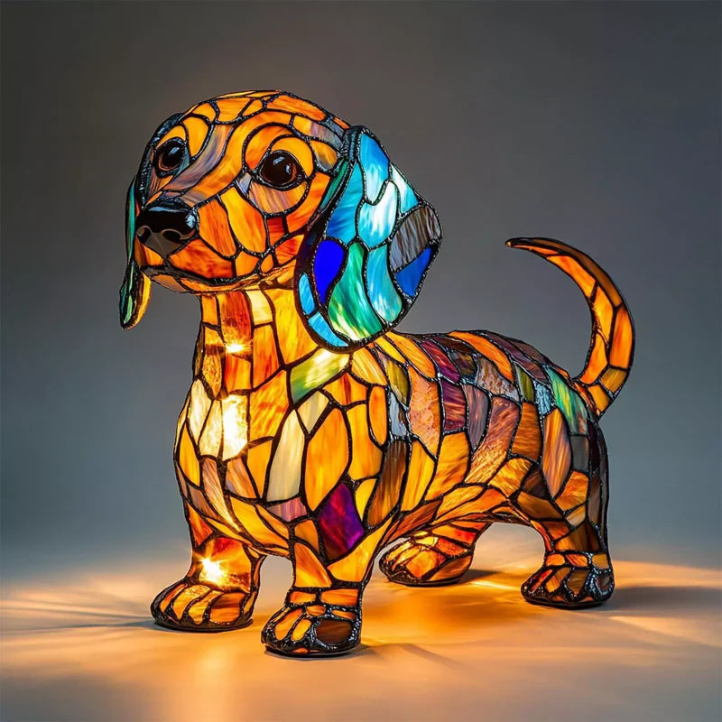 🐶 Lámpara LED de Mesa con Estatua de Cachorro – Diseño Color Block Decorativo ✨