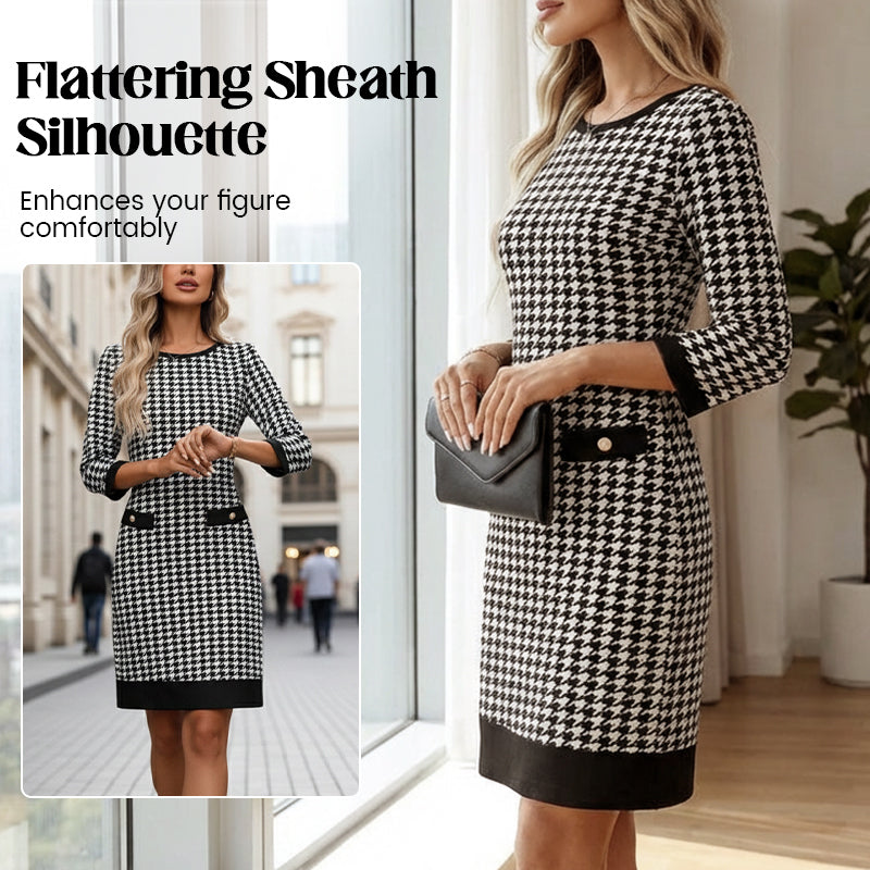 👗✨ Vestido Midi Ajustado para Mujer con Cuello Redondo y Estampado Pata de Gallo 💃 Elegante y Moderno | 🖤 Estilo Clásico que Realza la Figura | 🌟 Ideal para Oficina y Eventos Casual-Chic