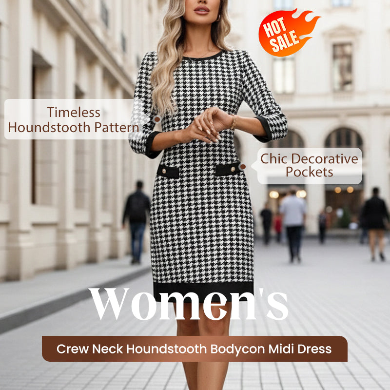 👗✨ Vestido Midi Ajustado para Mujer con Cuello Redondo y Estampado Pata de Gallo 💃 Elegante y Moderno | 🖤 Estilo Clásico que Realza la Figura | 🌟 Ideal para Oficina y Eventos Casual-Chic
