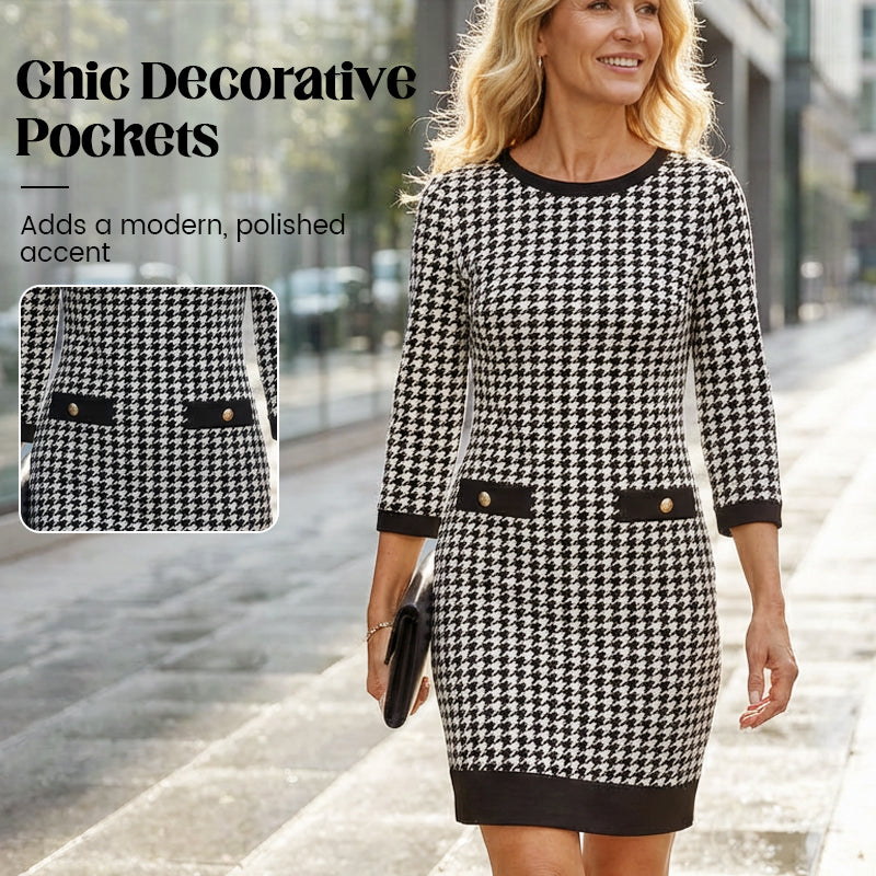 👗✨ Vestido Midi Ajustado para Mujer con Cuello Redondo y Estampado Pata de Gallo 💃 Elegante y Moderno | 🖤 Estilo Clásico que Realza la Figura | 🌟 Ideal para Oficina y Eventos Casual-Chic