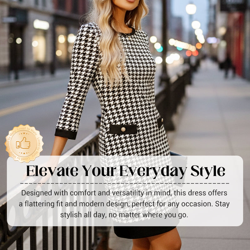 👗✨ Vestido Midi Ajustado para Mujer con Cuello Redondo y Estampado Pata de Gallo 💃 Elegante y Moderno | 🖤 Estilo Clásico que Realza la Figura | 🌟 Ideal para Oficina y Eventos Casual-Chic