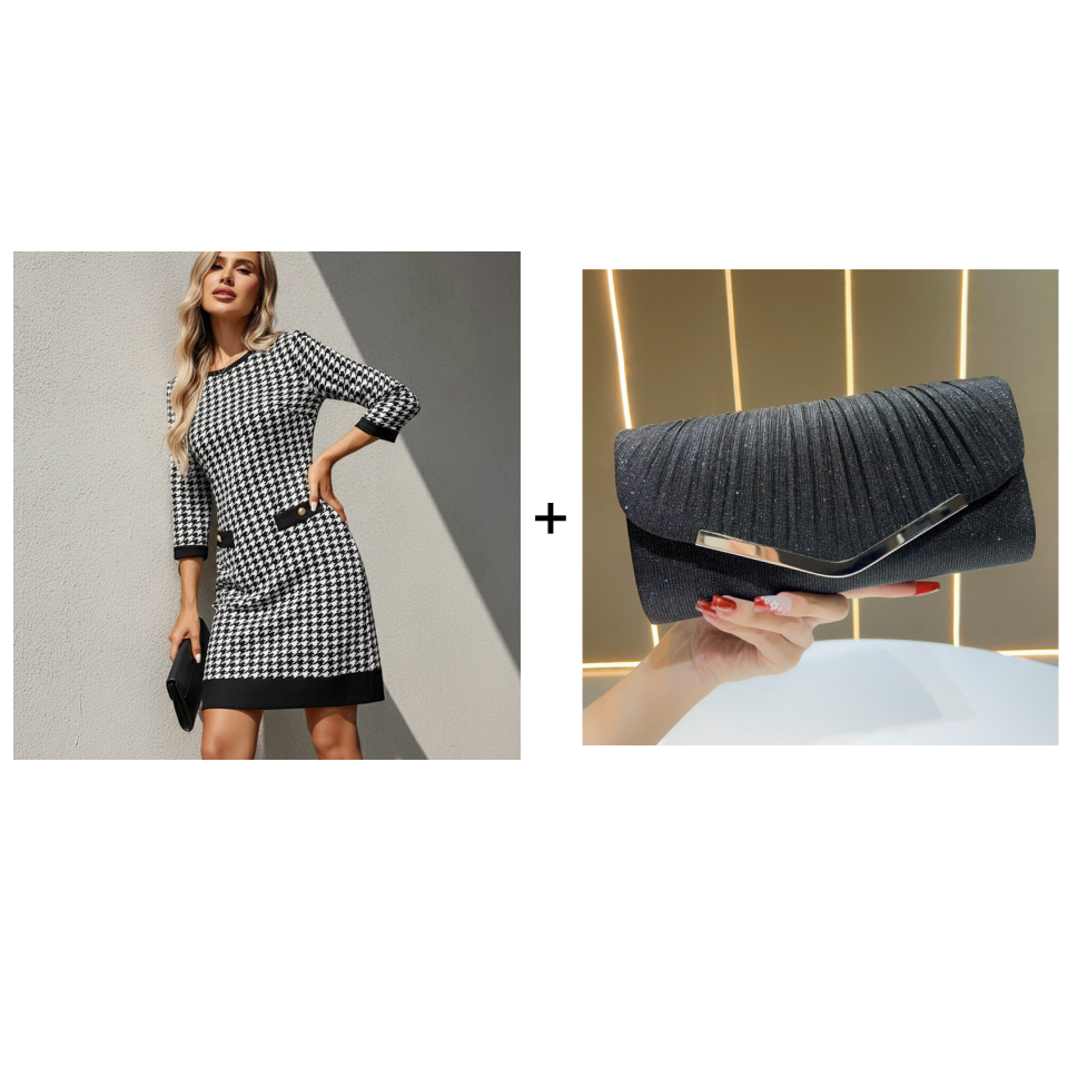 👗✨ Vestido Midi Ajustado para Mujer con Cuello Redondo y Estampado Pata de Gallo 💃 Elegante y Moderno | 🖤 Estilo Clásico que Realza la Figura | 🌟 Ideal para Oficina y Eventos Casual-Chic
