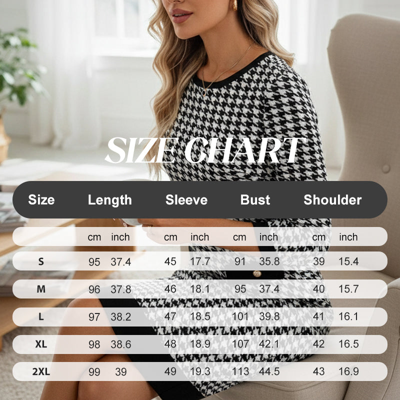 👗✨ Vestido Midi Ajustado para Mujer con Cuello Redondo y Estampado Pata de Gallo 💃 Elegante y Moderno | 🖤 Estilo Clásico que Realza la Figura | 🌟 Ideal para Oficina y Eventos Casual-Chic
